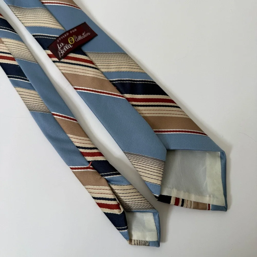 VTG La Bella Collection Striped Mens Necktie Blue Tan Formal Occasion Career Tie